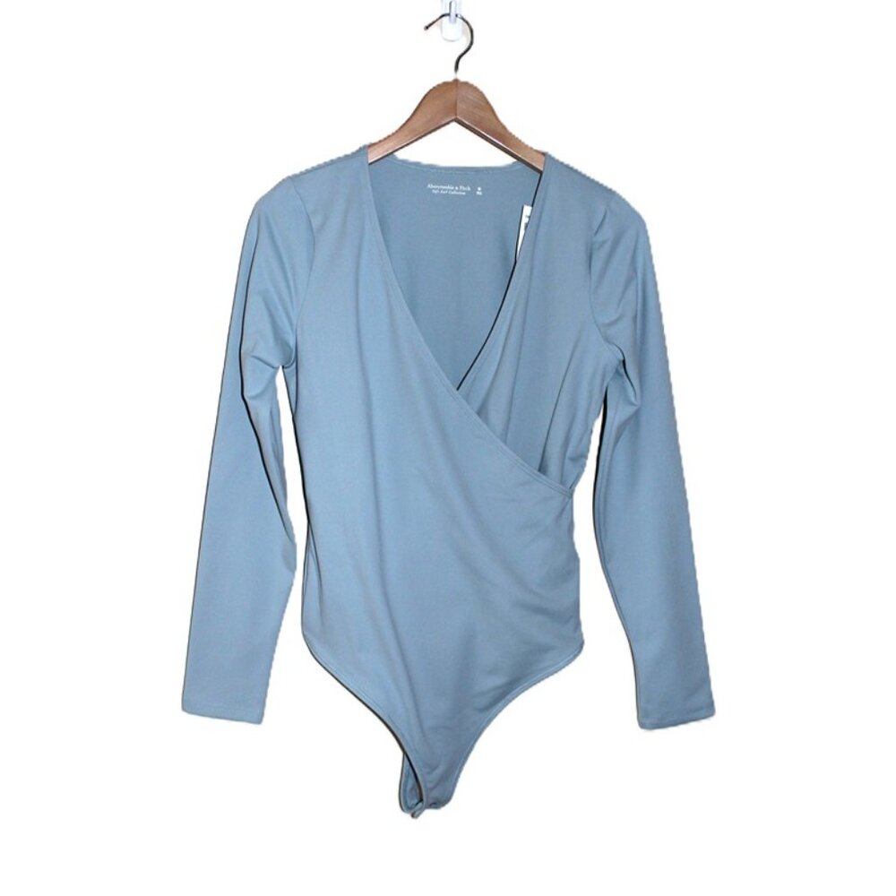 nwt ABERCROMBIE & FITCH Soft Collection Long-Sleeve Wrap Bodysuit in Dusty Blue